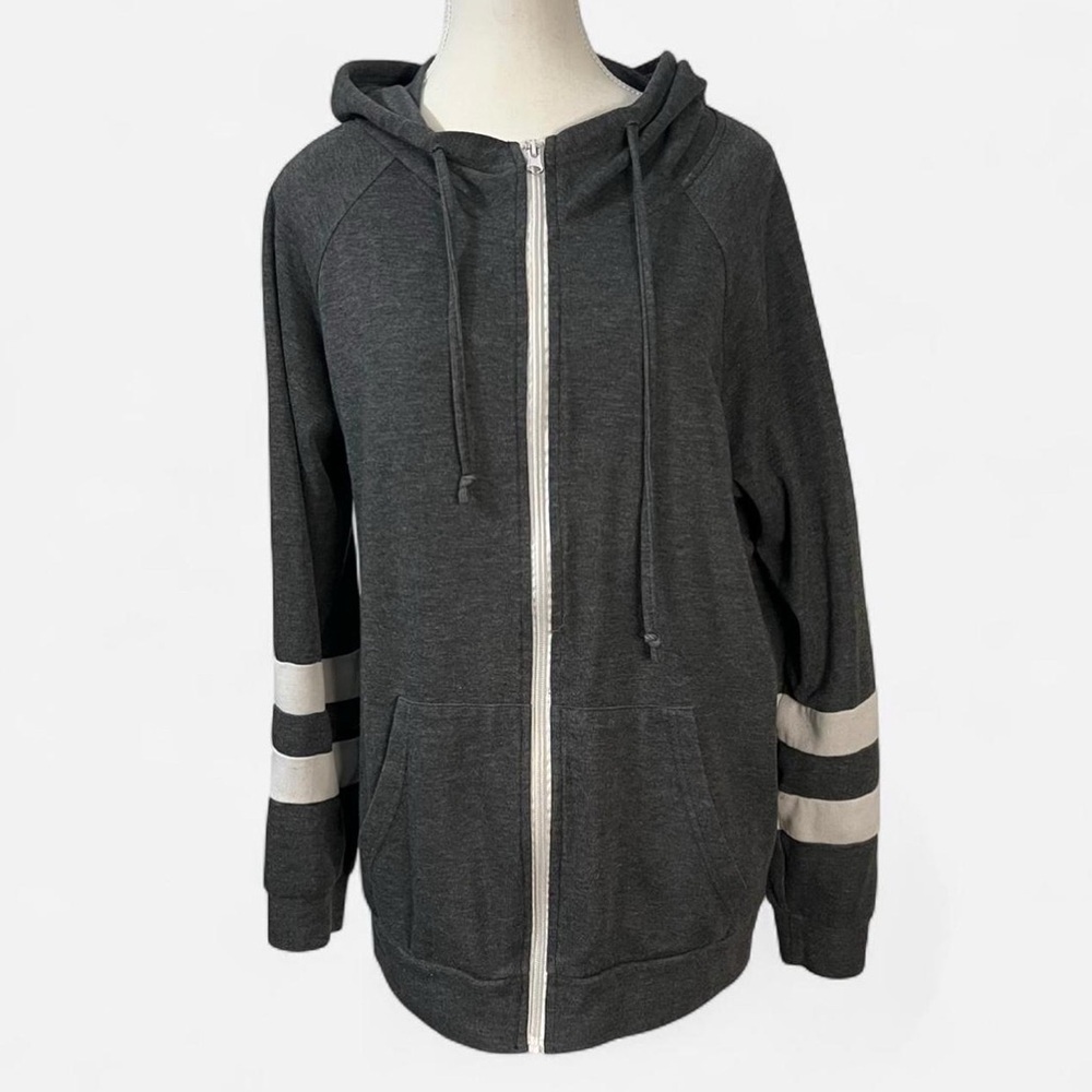 Dark Gray Zip-Up Hoodie with Striped Sleeves Size X-large‎
